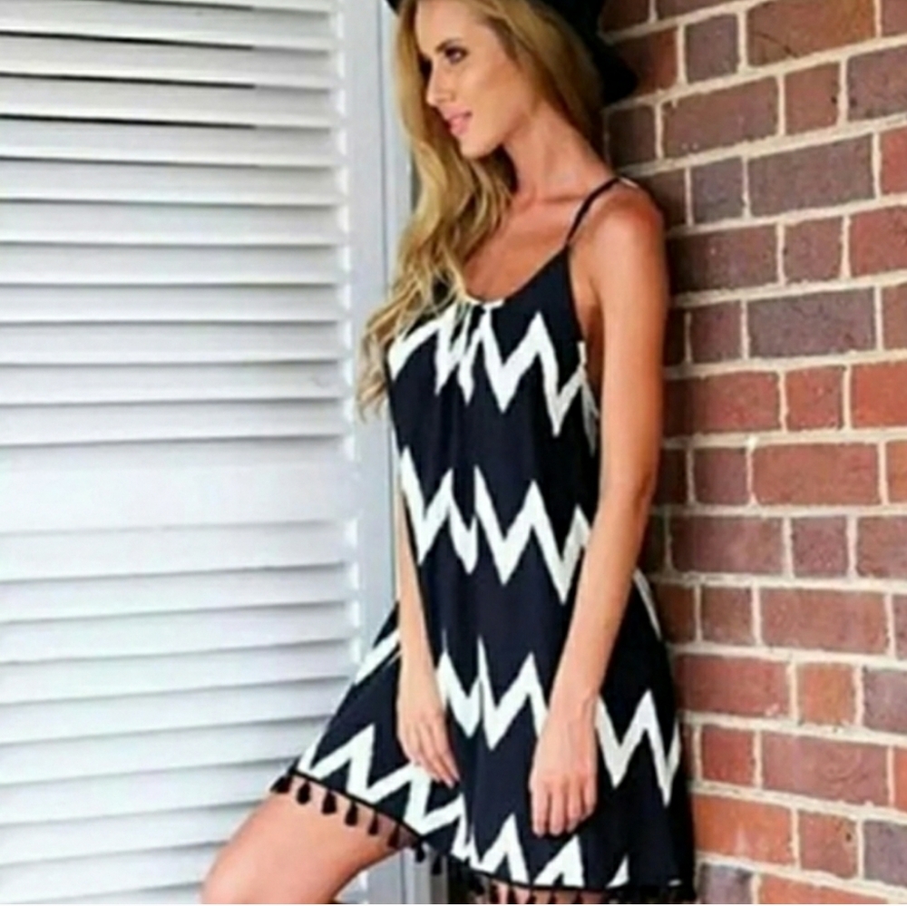 Chevron & Chiffon Tasseled Sling Back Dress - Picture 2 of 6